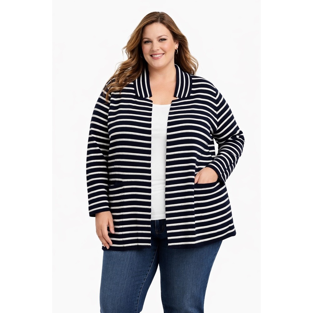 Talbots Classic Navy White Striped Cardigan Blazer, Womens 3X Preppy Coastal